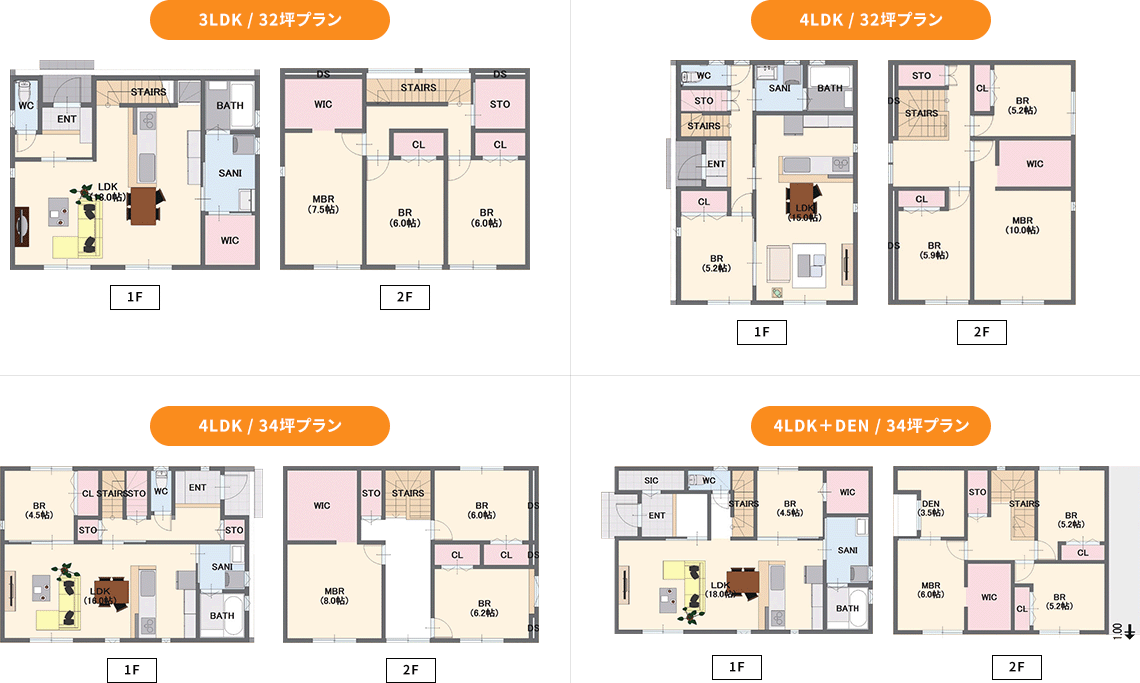 3LDK / 32坪プラン 4LDK / 32坪プラン 4LDK / 34坪プラン 4LDK＋DEN / 34坪プラン